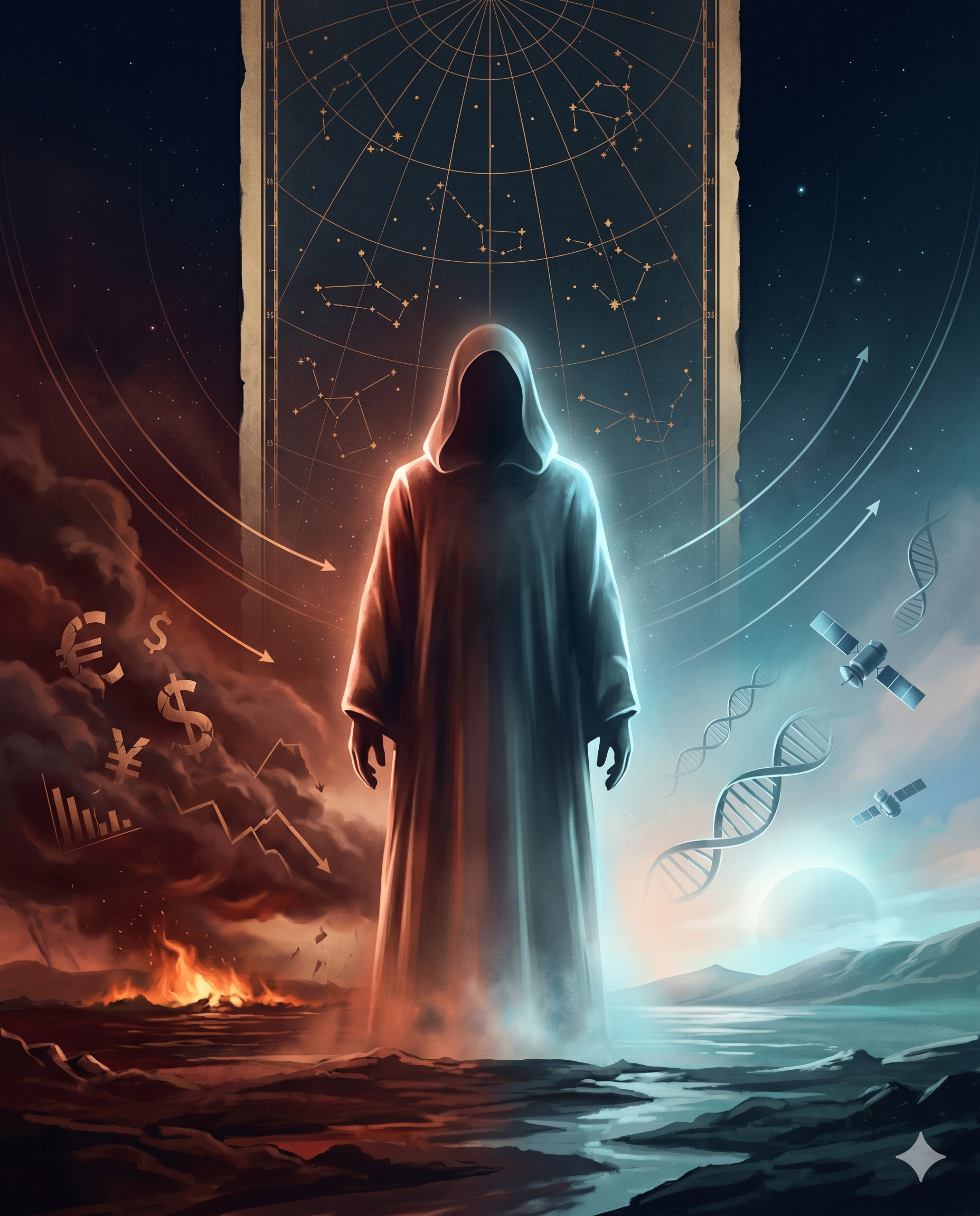 R2A as a hooded figure standing between the Reckoning and the Abundance, with a celestial regime chart behind