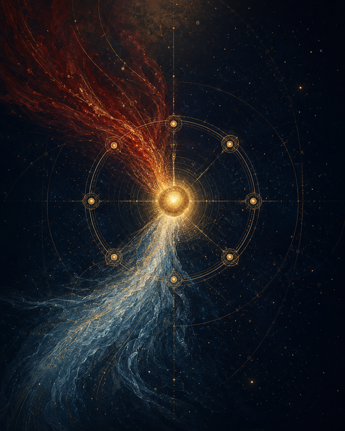 R2A at the center of two converging forces — Reckoning descending and Abundance ascending — with sector nodes ringing the focal point